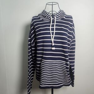 J.Jill Blue White Striped Hooded Cotton Sweater Nautical Pullover Size Large
